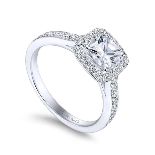 Vintage Inspired 14K White Gold Cushion Halo Diamond Engagement Ring
