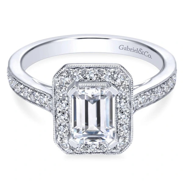Vintage 14K White Gold Emerald Halo Diamond Engagement Ring