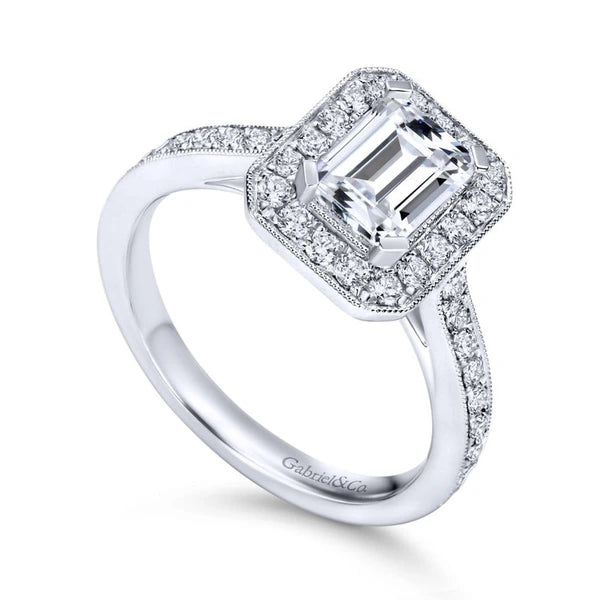 Vintage 14K White Gold Emerald Halo Diamond Engagement Ring