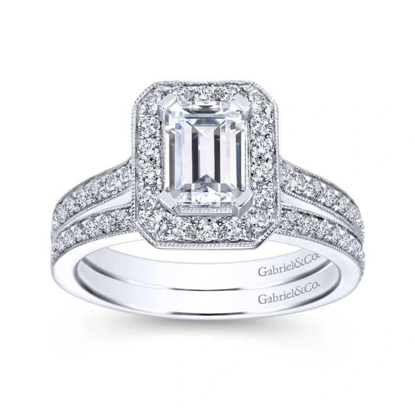 Vintage 14K White Gold Emerald Halo Diamond Engagement Ring