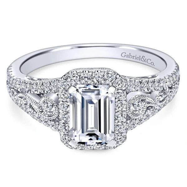 Vintage 14K White Gold Emerald Halo Diamond Engagement Ring