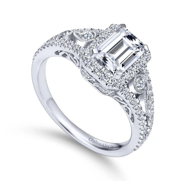 Vintage 14K White Gold Emerald Halo Diamond Engagement Ring