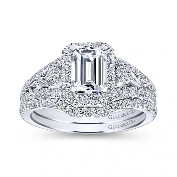 Vintage 14K White Gold Emerald Halo Diamond Engagement Ring