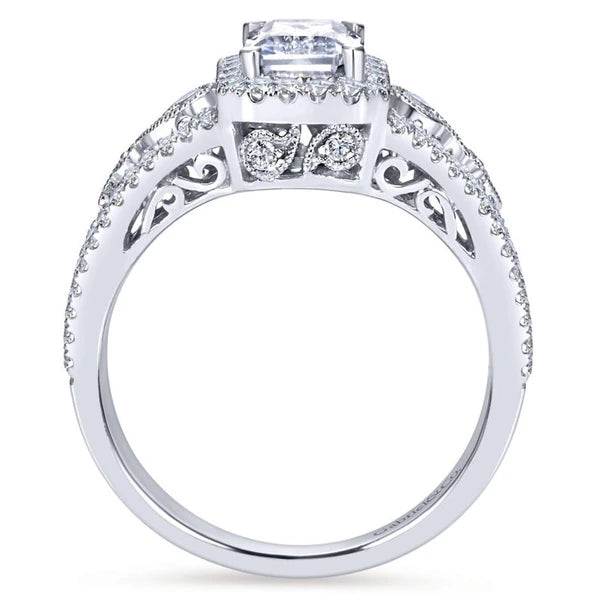 Vintage 14K White Gold Emerald Halo Diamond Engagement Ring