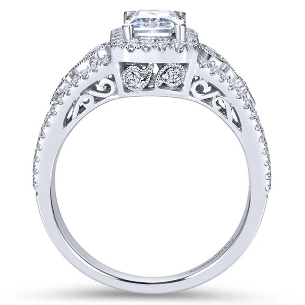 Vintage 14K White Gold Emerald Halo Diamond Engagement Ring