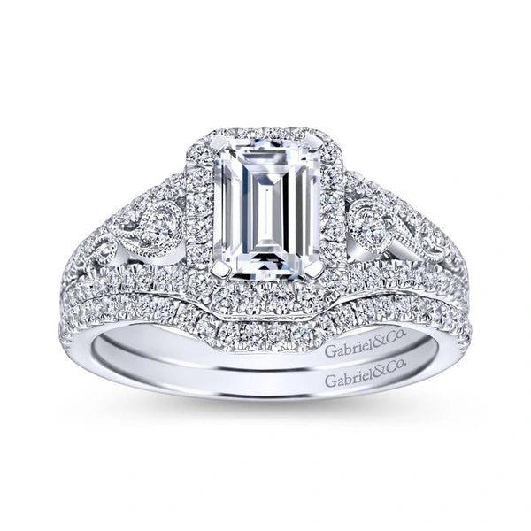 Vintage 14K White Gold Emerald Halo Diamond Engagement Ring