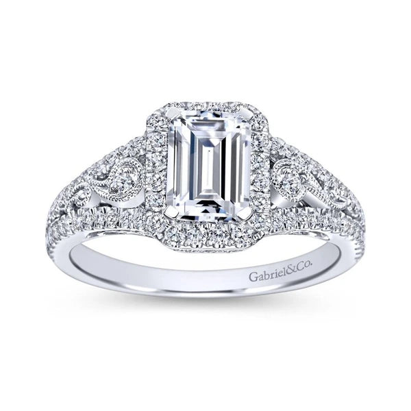 Vintage 14K White Gold Emerald Halo Diamond Engagement Ring
