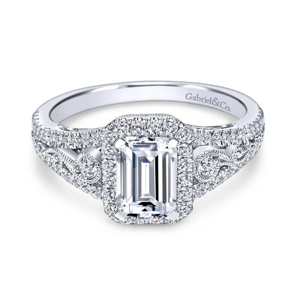 Vintage 14K White Gold Emerald Halo Diamond Engagement Ring