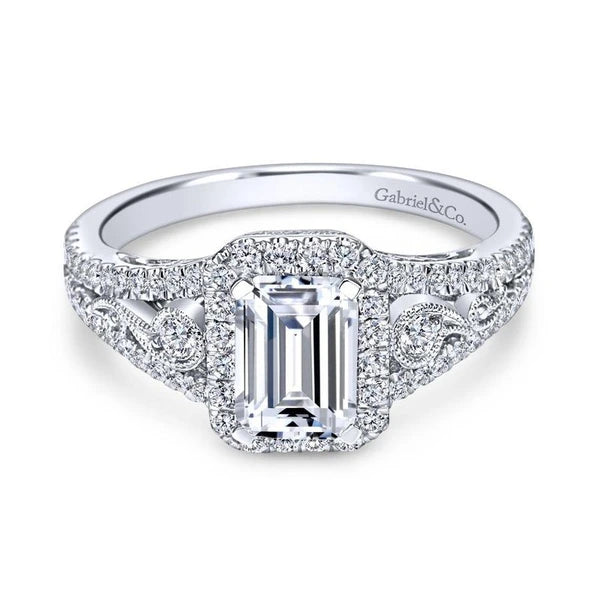 Vintage 18K White Gold Emerald Halo Diamond Engagement Ring