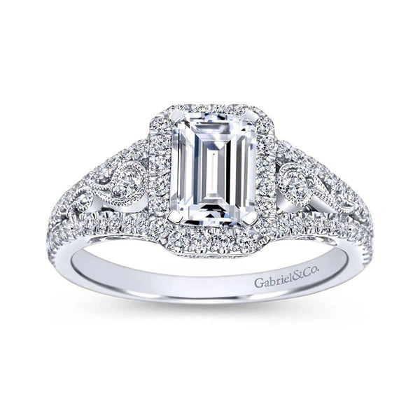 Vintage 18K White Gold Emerald Halo Diamond Engagement Ring