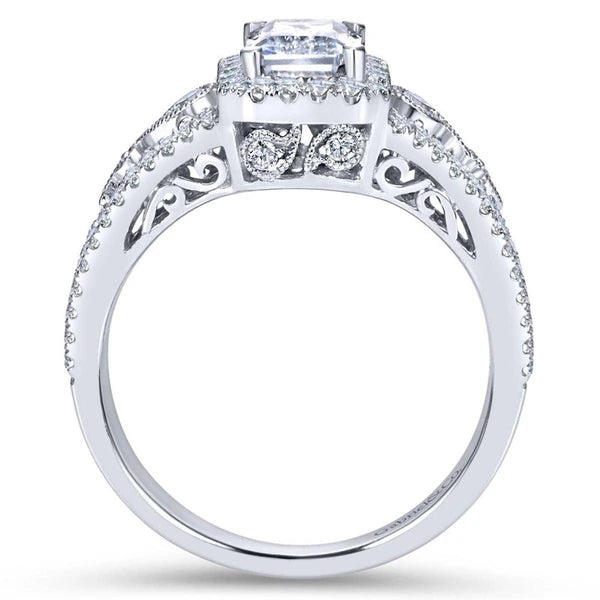 Vintage 18K White Gold Emerald Halo Diamond Engagement Ring