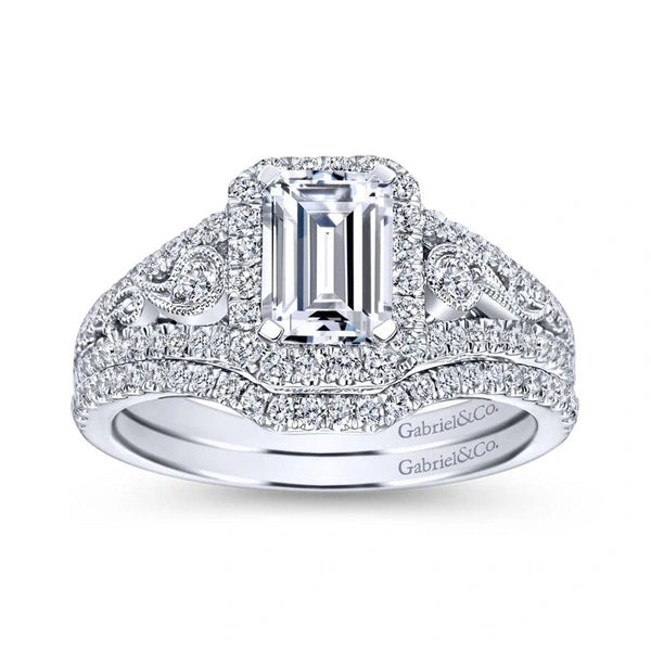 Vintage 18K White Gold Emerald Halo Diamond Engagement Ring