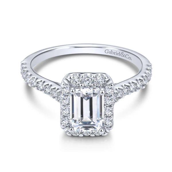 14K White Gold Emerald Halo Diamond Engagement Ring