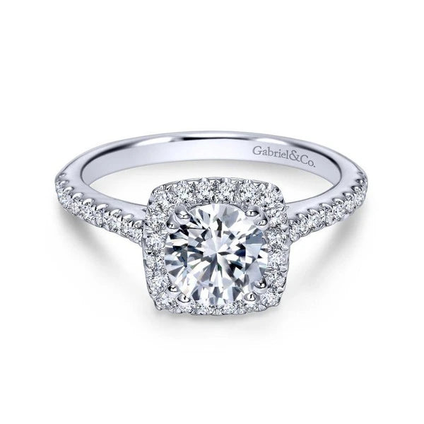 14K White Gold Cushion Halo Round Diamond Engagement Ring