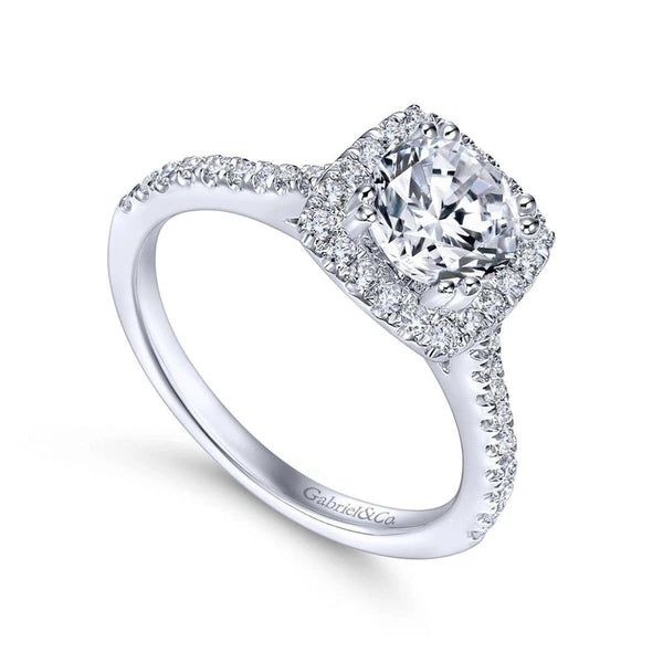 14K White Gold Cushion Halo Round Diamond Engagement Ring