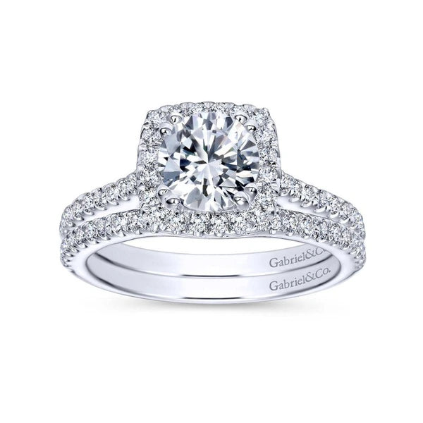 14K White Gold Cushion Halo Round Diamond Engagement Ring