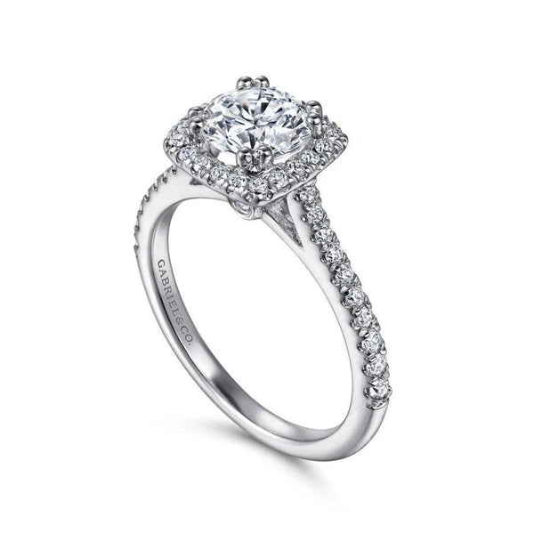 14K White Gold Cushion Halo Round Diamond Engagement Ring