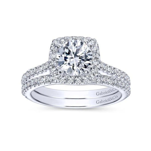 14K White Gold Cushion Halo Round Diamond Engagement Ring