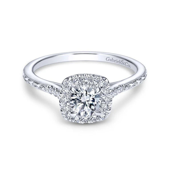 Vintage 14K White Gold Cushion Halo Round Diamond Engagement Ring