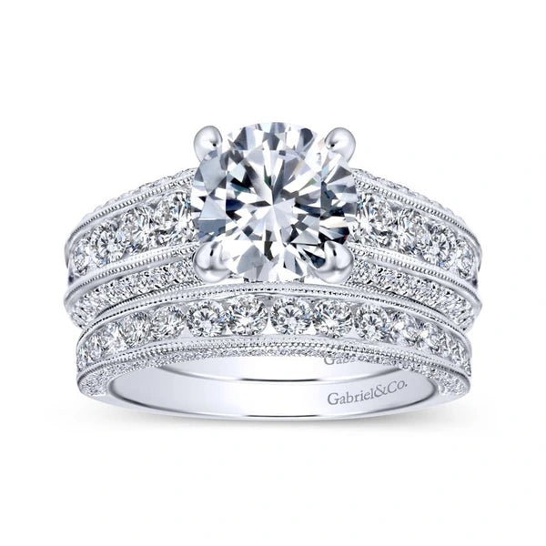 Vintage 14K White Gold Round Wide Band Diamond Engagement Ring