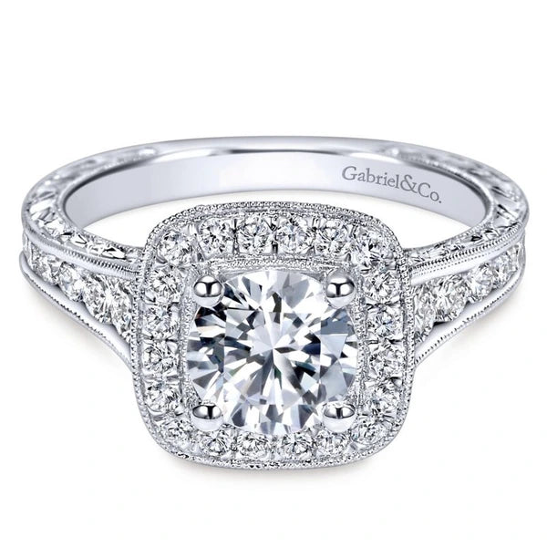 Vintage 14K White Gold Cushion Halo Round Diamond Engagement Ring