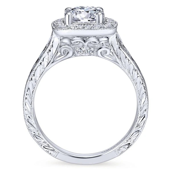 Vintage 14K White Gold Cushion Halo Round Diamond Engagement Ring