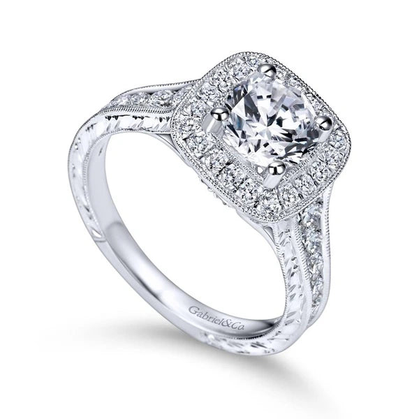 Vintage 14K White Gold Cushion Halo Round Diamond Engagement Ring