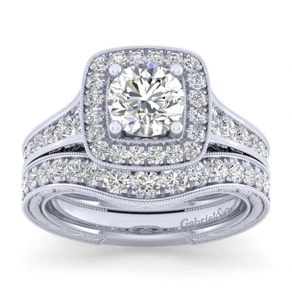 Vintage 14K White Gold Cushion Halo Round Diamond Engagement Ring