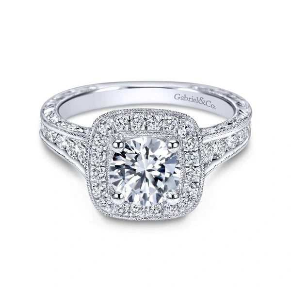 Vintage 14K White Gold Cushion Halo Round Diamond Engagement Ring