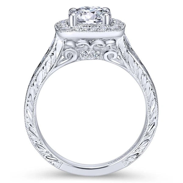 Vintage 14K White Gold Cushion Halo Round Diamond Engagement Ring