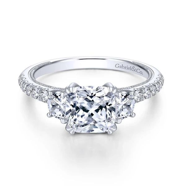 14K White Gold Cushion Cut Three Stone Diamond Engagement Ring