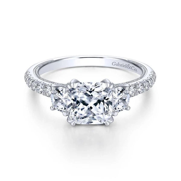 14K White Gold Cushion Cut Three Stone Diamond Engagement Ring