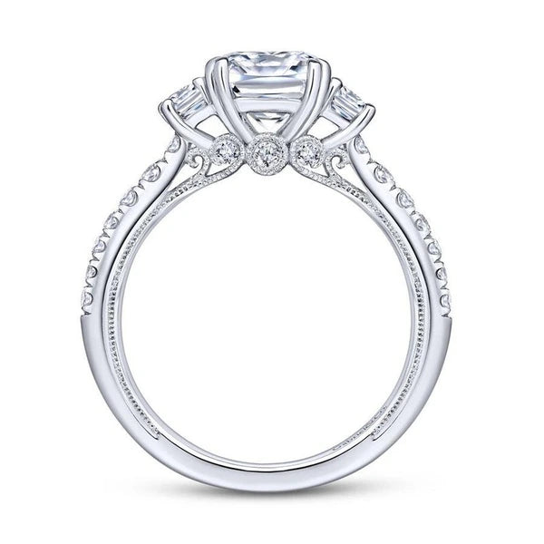 14K White Gold Cushion Cut Three Stone Diamond Engagement Ring
