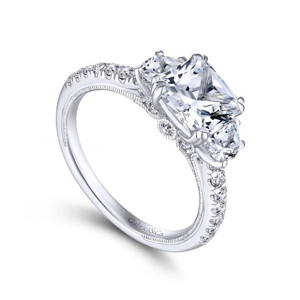 14K White Gold Cushion Cut Three Stone Diamond Engagement Ring