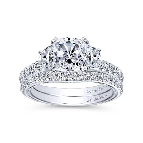 14K White Gold Cushion Cut Three Stone Diamond Engagement Ring