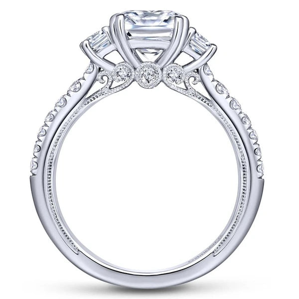 14K White Gold Cushion Cut Three Stone Diamond Engagement Ring