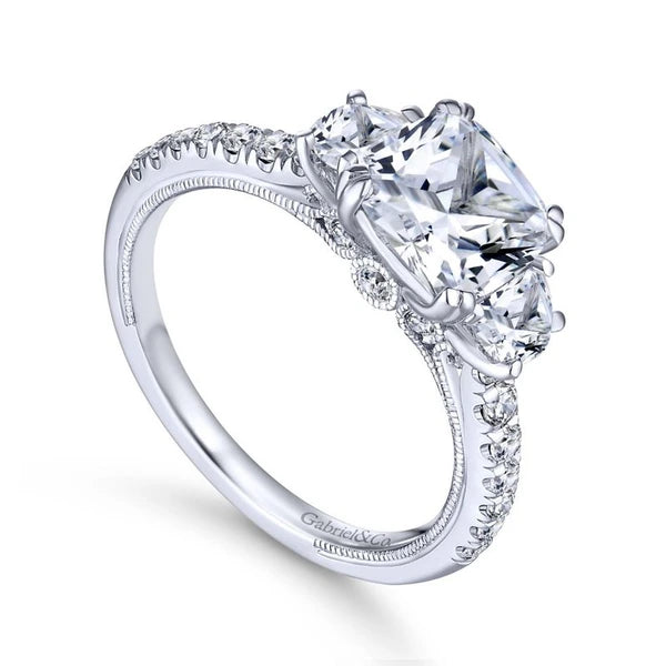 14K White Gold Cushion Cut Three Stone Diamond Engagement Ring