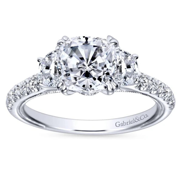 14K White Gold Cushion Cut Three Stone Diamond Engagement Ring