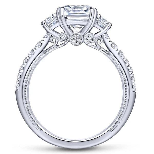 14K White Gold Cushion Cut Three Stone Diamond Engagement Ring