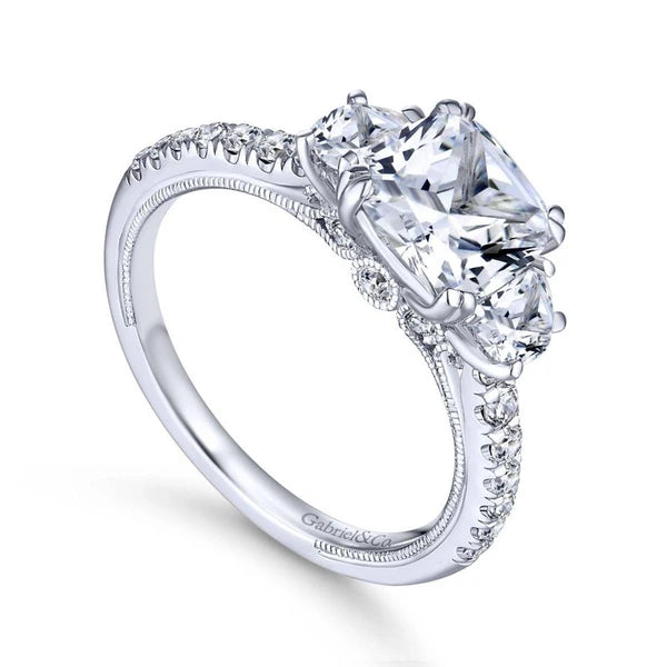 14K White Gold Cushion Cut Three Stone Diamond Engagement Ring