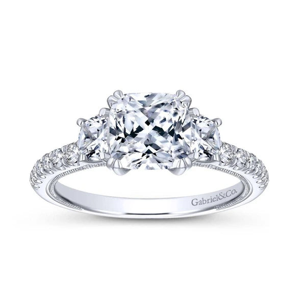 14K White Gold Cushion Cut Three Stone Diamond Engagement Ring