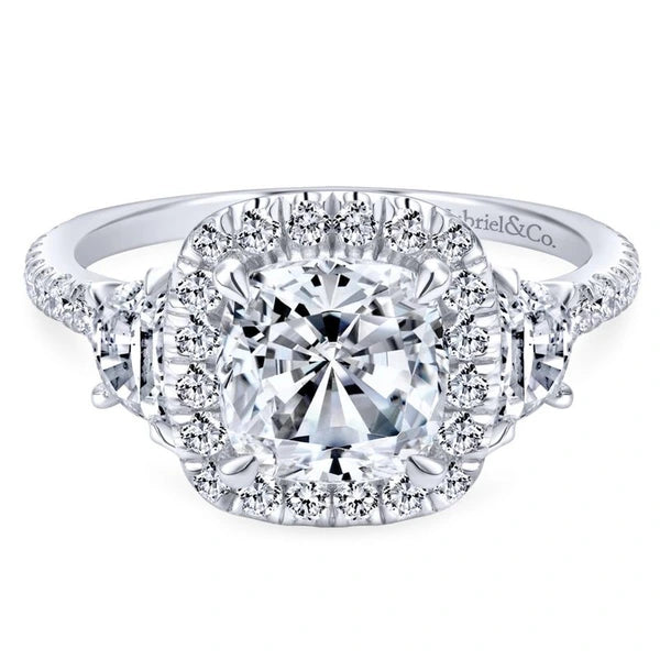 14K White Gold Cushion Three Stone Halo Diamond Engagement Ring