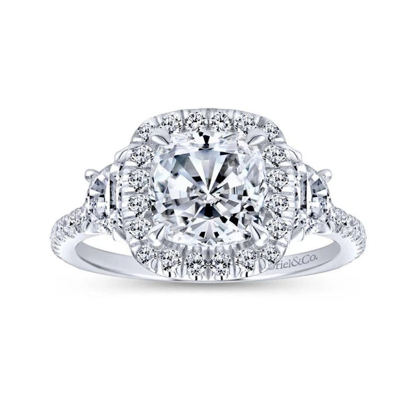 14K White Gold Cushion Three Stone Halo Diamond Engagement Ring