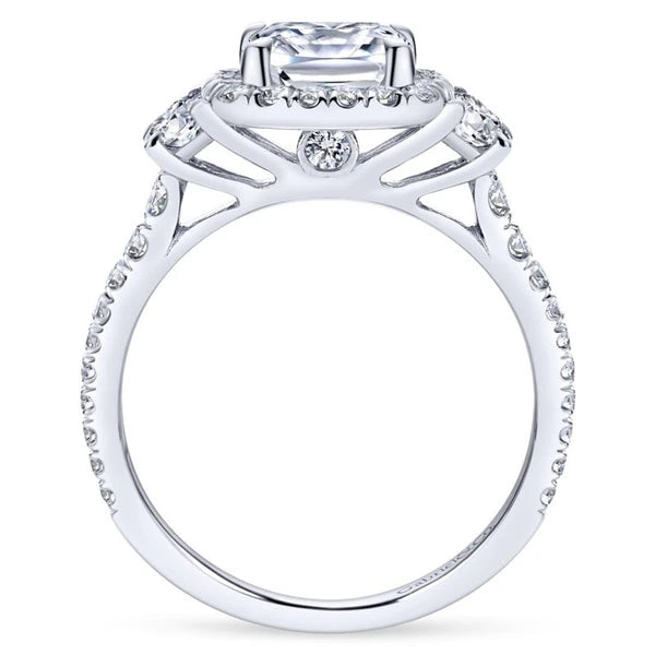 14K White Gold Cushion Three Stone Halo Diamond Engagement Ring