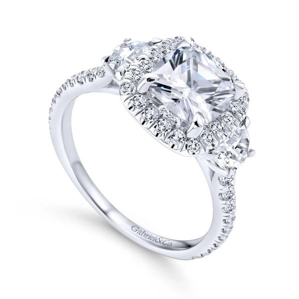 14K White Gold Cushion Three Stone Halo Diamond Engagement Ring