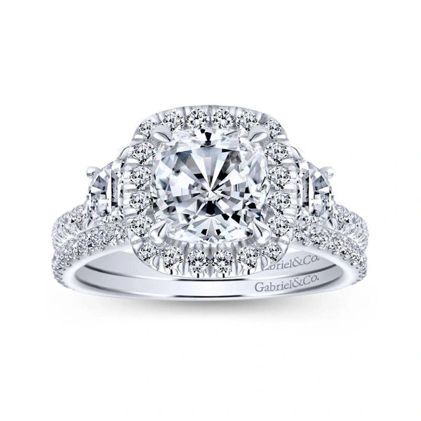 14K White Gold Cushion Three Stone Halo Diamond Engagement Ring