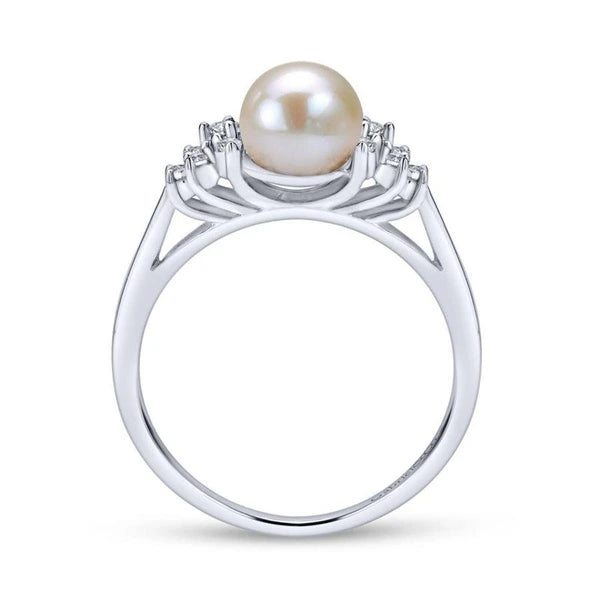 14K White Gold Classic Cultured Pearl Diamond Accented Stackable Ring