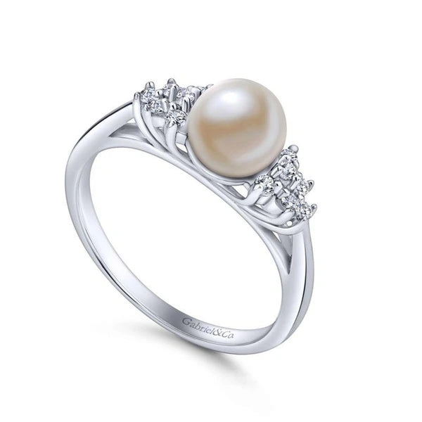 14K White Gold Classic Cultured Pearl Diamond Accented Stackable Ring