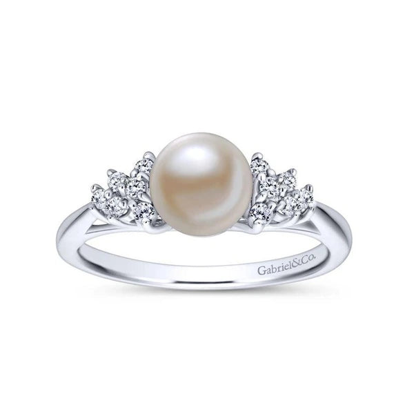 14K White Gold Classic Cultured Pearl Diamond Accented Stackable Ring