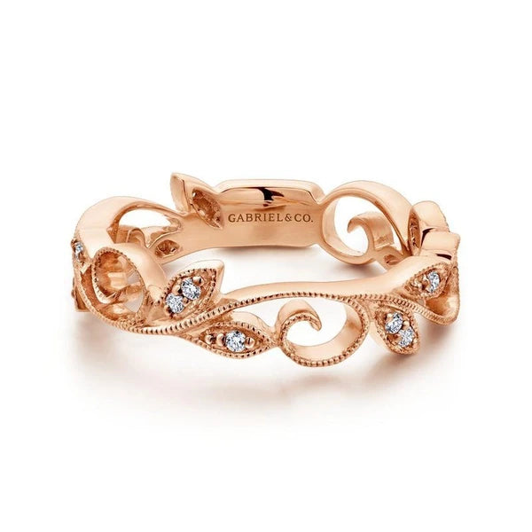 14K Rose Gold Scrolling Floral Diamond Ring